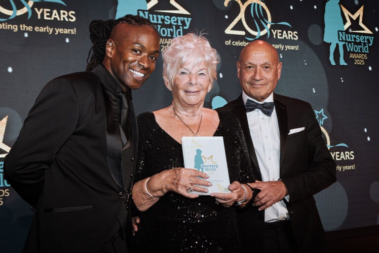 Margaret-Mason-OBE-receives-Lifetime-Achievement-Award-at-the-Nursery-World-Award-Maggies-Day-Nursery-Forest-School-Treasures-Nursery